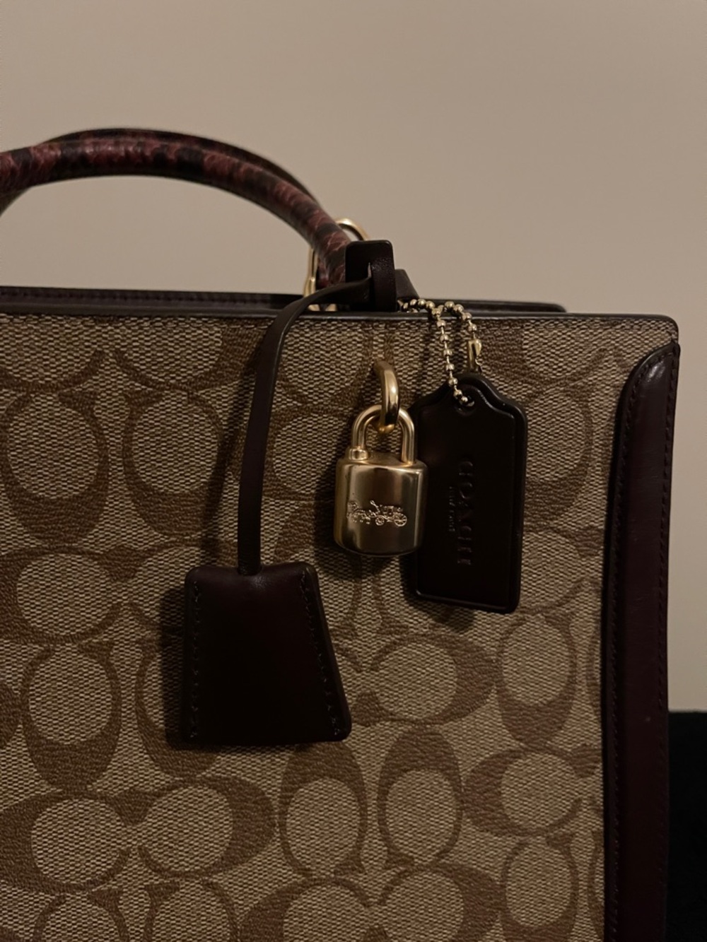 Coach Brown Signature Canvas Tote with Burgundy Leather Trim - Picture 3 of 16